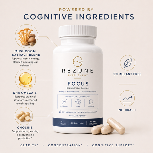 Rezune Focus cognitive ingredients infographic